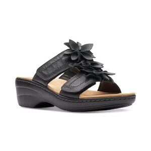 Clarks Merliah Raelyn Flower Wedge Sandals 8 Black Leather MSRP $100